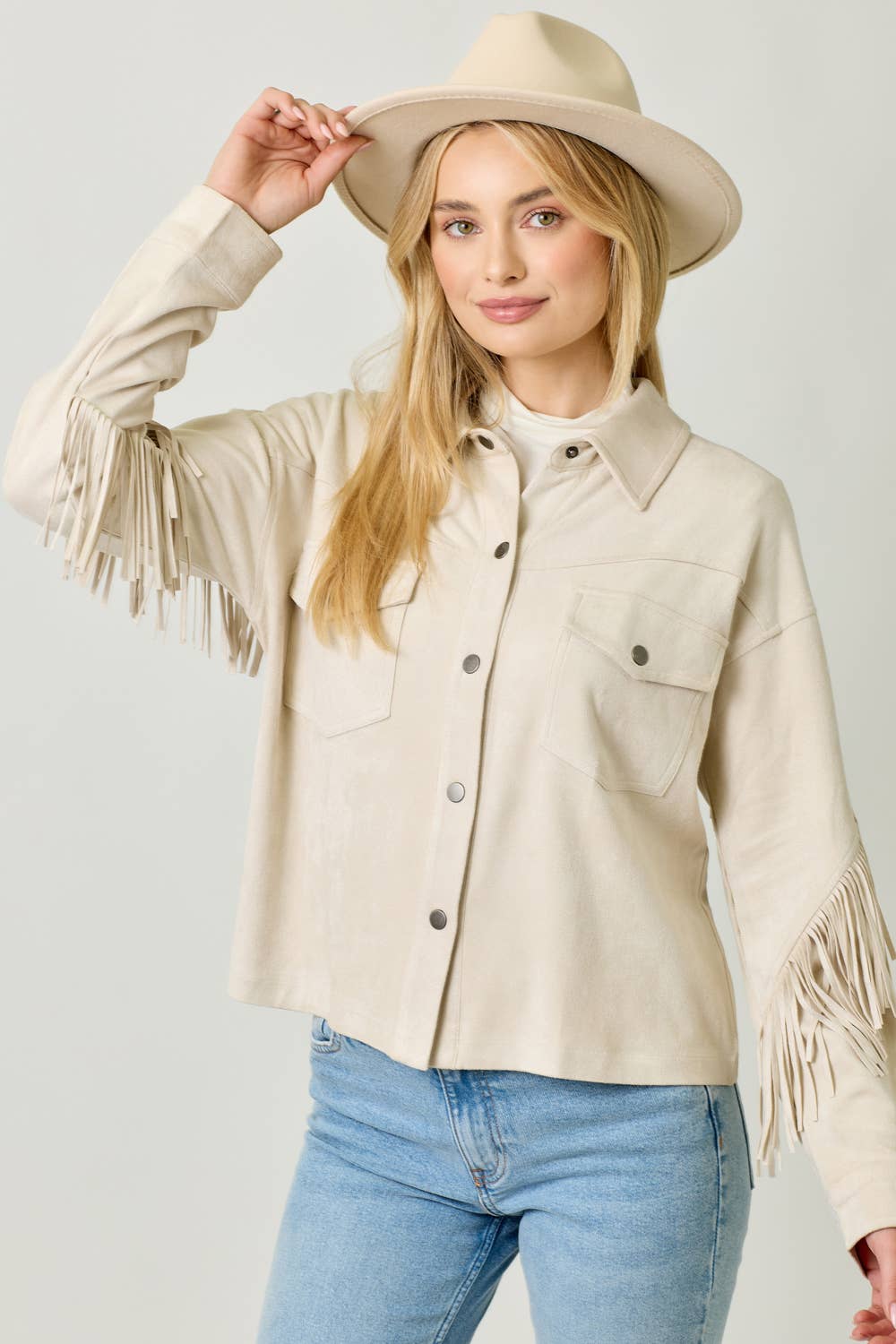 Mystree - Vendita all'ingrosso Giacca a camicia - Donna - 20609 Giacca Camicia in Suede con Dettaglio sul Retro a Frange