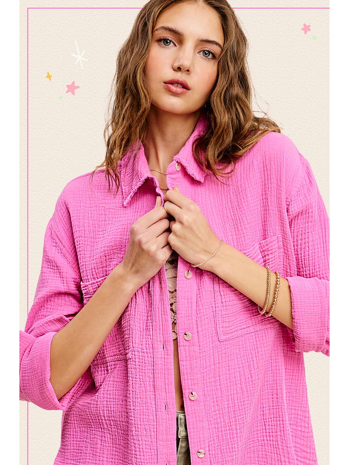 La Miel - Wholesale Button Down Shirt - Women's - SRT7448-Soft Washed Crinkled Gauze Button Down Shirts15