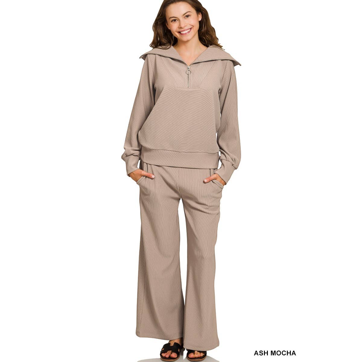 HiteJeans - Wholesale Lounge Set - Women's - Ribbed high neck half zip pullover pants set5