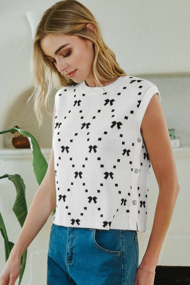 fashionworks - Wholesale Knit Sweater - Women's - Fashion-W Preppy Vibes Bow Print Zipped Collar Sweater Tee18