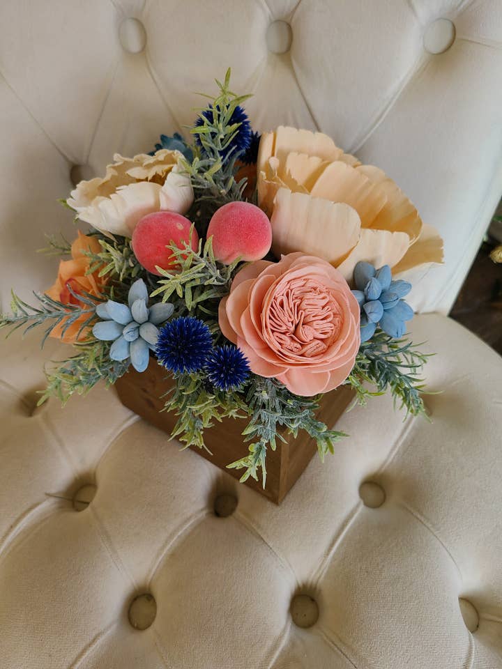 Spring peach centerpiece for wholesale by Wyldcraft Woods