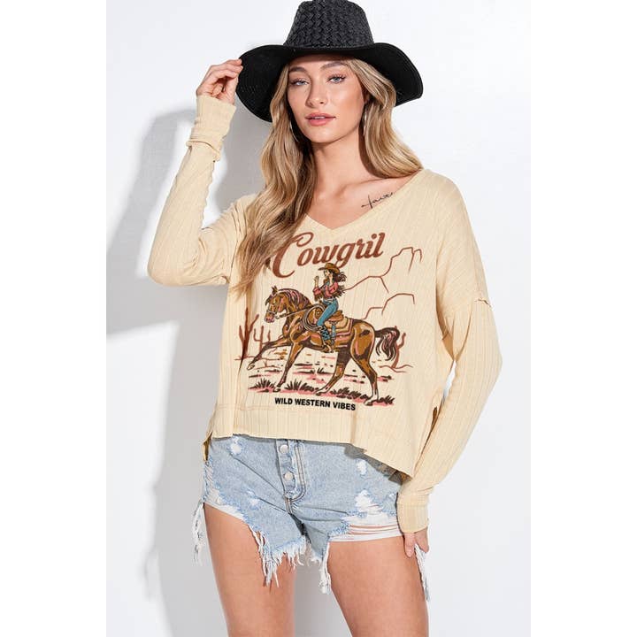Cowgirl rodeo vibes top met zijsplit en lange mouwen voor wholesale door Phil Love