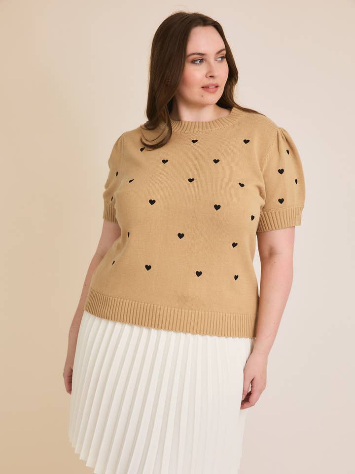 GILLI - Wholesale Knit Sweater - Women's - **PLUS** PUFF SHORT SLEEVE "HEART" EMBROIDERED SWEATER