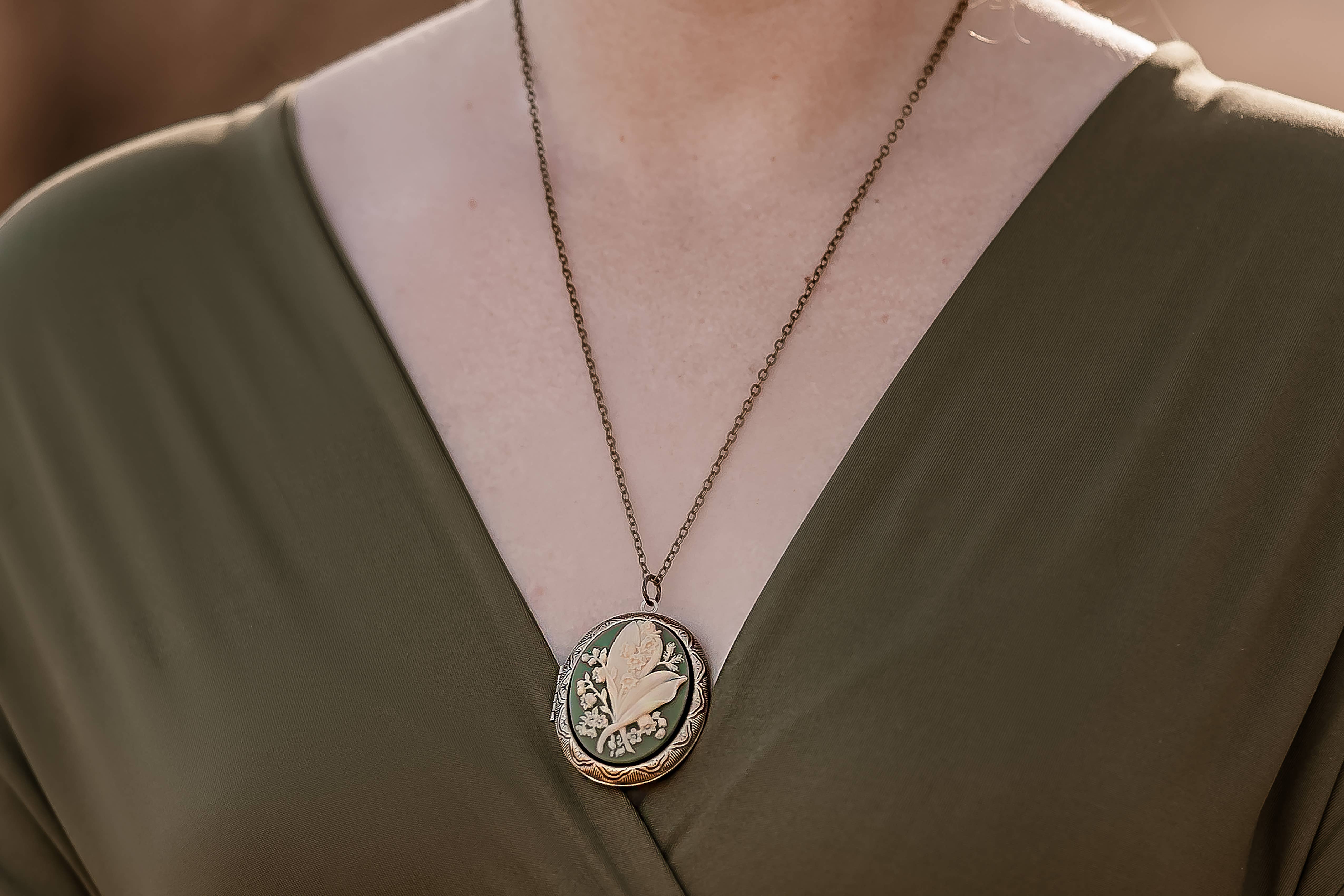 A Pocket of Posies - Wholesale Locket Necklace - Lily of the Valley Locket | Green Cameo Necklace7