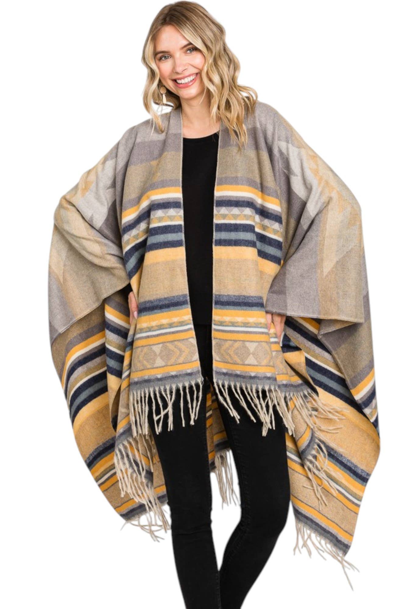 Artini Accessories - Wholesale Cardigan - Women's - Aztec Stripe Pattern Fringe Ruana Cardigan Warp Scarf4