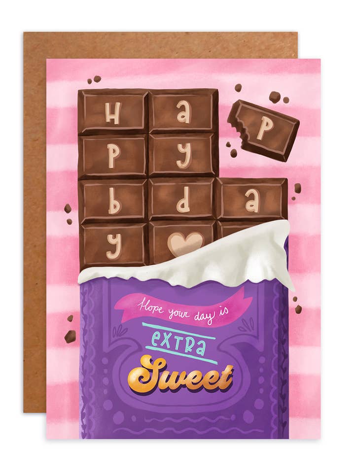 Biglietto di auguri di compleanno, barretta di cioccolato, dolce compleanno per la vendita all'ingrosso da parte di Aniet Illustration