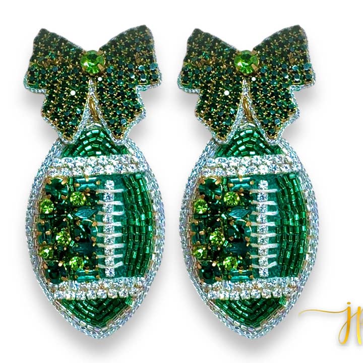 Game Day Green Coquette Bow Rhinestone fodboldøreringe for engroshandel hos Jenny Patrick Designs ™