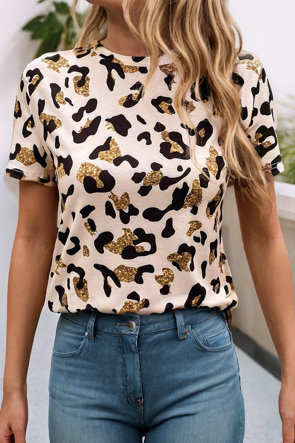 Apricot LDC Leopard Print Round Neck Casual T Shirt for wholesale on Faire1