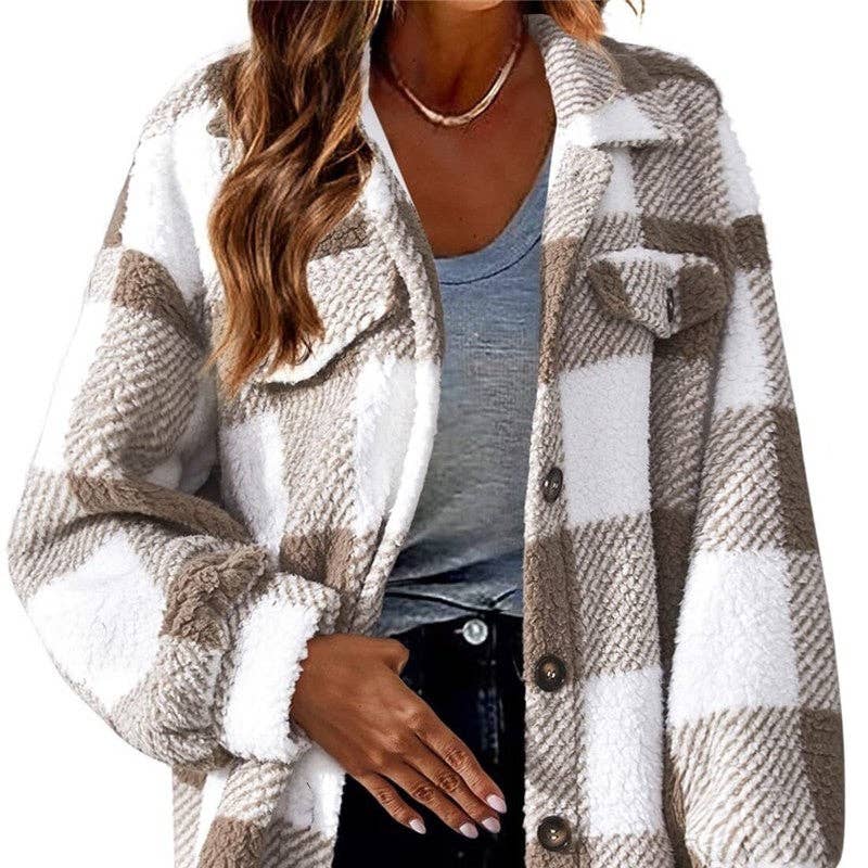 FurDecoration - Wholesale Jacket - Women's - Pocketed Plush Checkered Jacket2