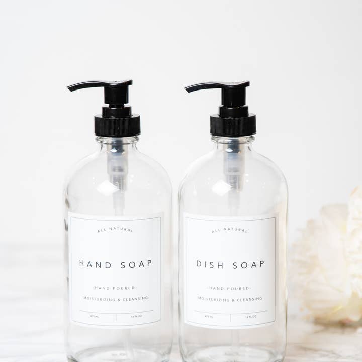 Joie Designs Co. | Refillable Bottles - Wholesale Soap Dispenser - Hand and Dish Soap Bottles - Classic Labels - Glass, Kitchen