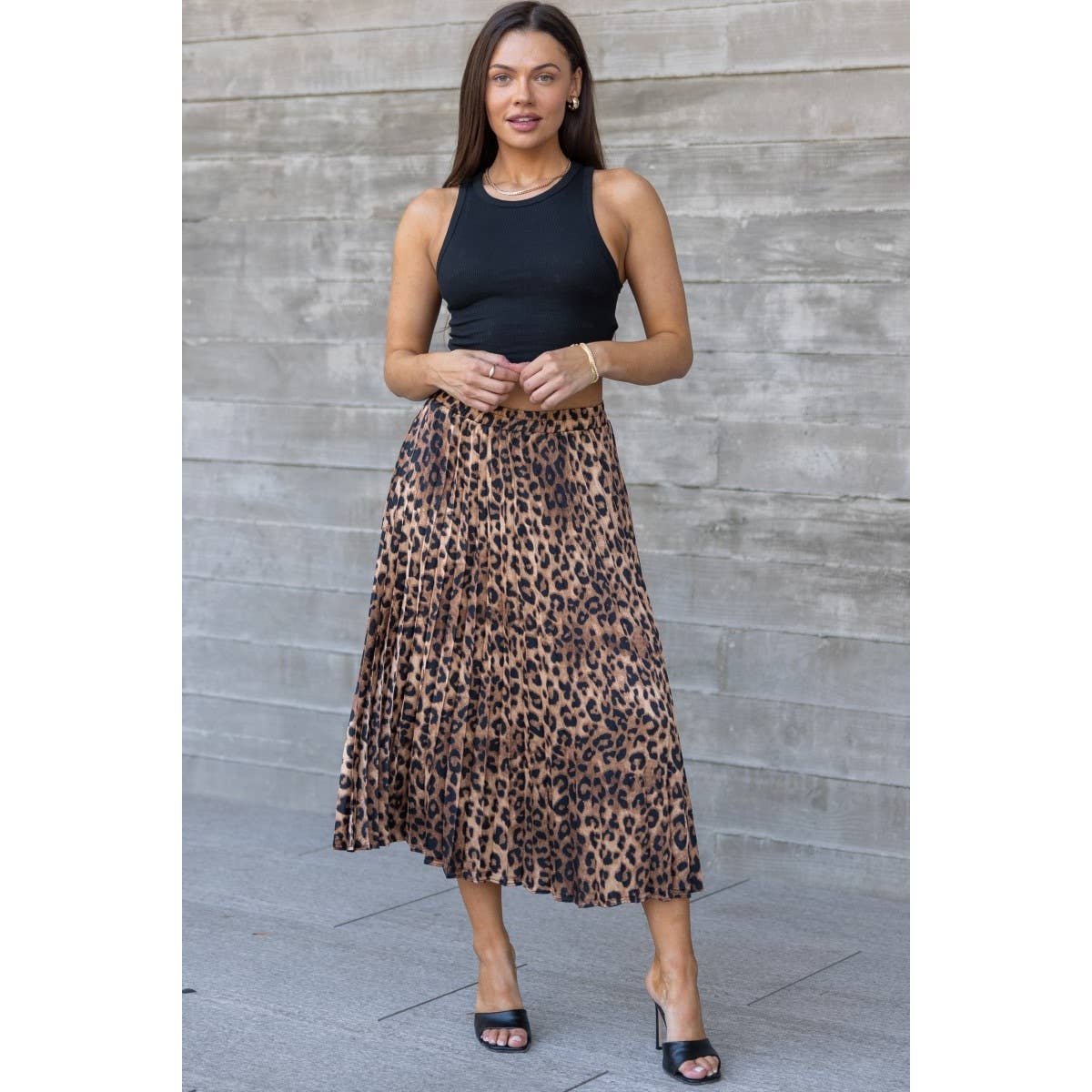 SATIN LEOPARD PLEATED MIDI SKIRT_78S0079 for wholesale on Faire6