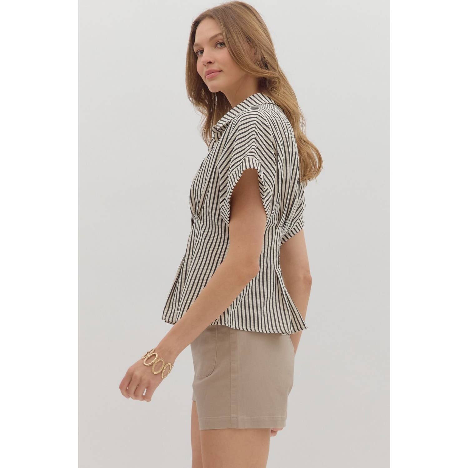 STYLE USA - Wholesale Tunic - Women's - Stripe collar button front pleated top16