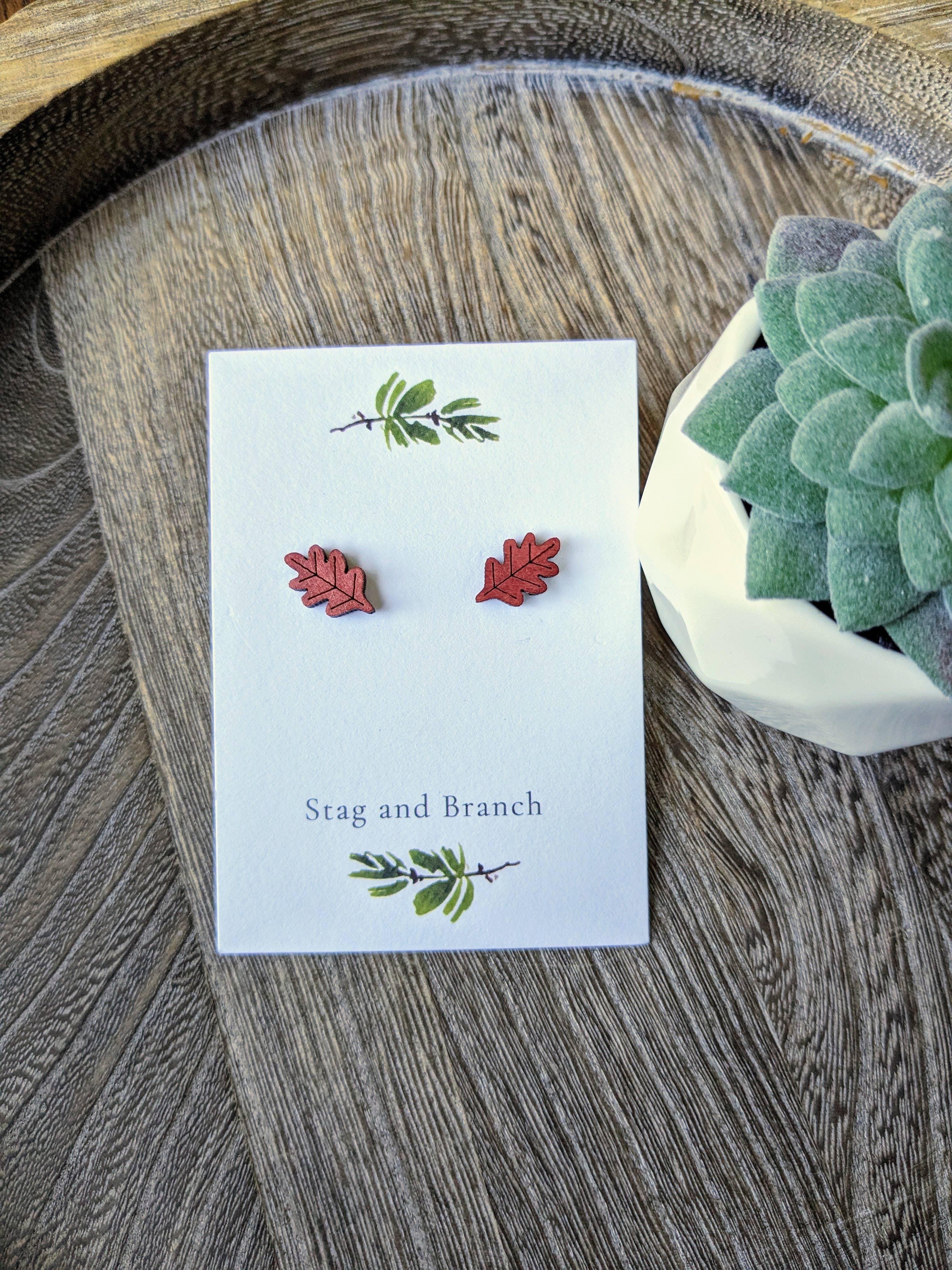 Stag and Branch - Vente Clous d'oreille - Boucles d'oreilles à tige en bois de chêne | Boucles d'oreilles en bois découpées au laser,3