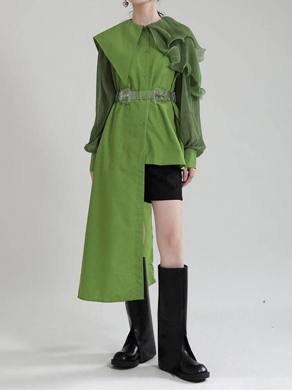 VividLux - Wholesale Blouse - Women's - Long Sleeves Loose Asymmetric Pleated Solid Color Split-Joint Falbala Lapel Blouses&Shirts Tops9