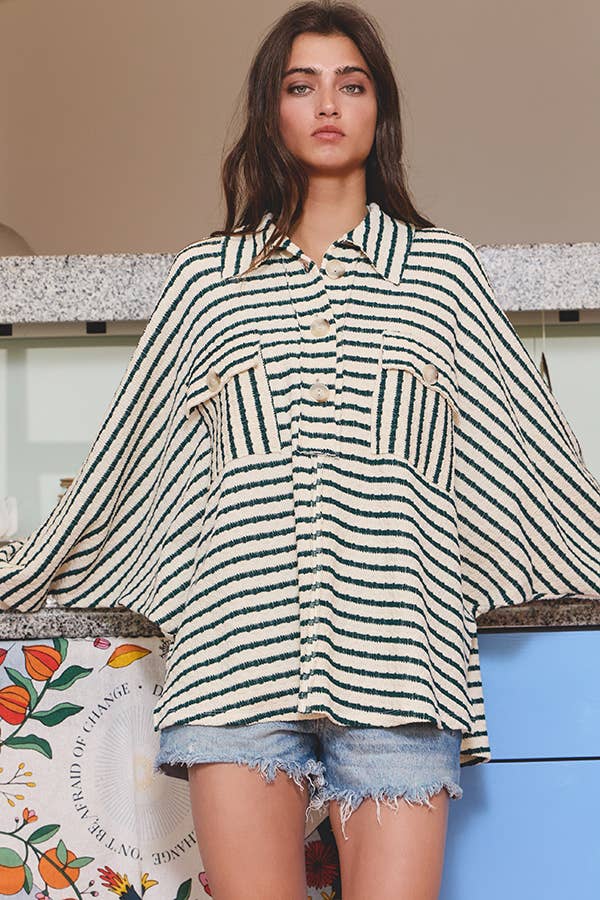 BUCKETLIST INC – wholesale Sweatshirt – Women's – T1578-5  Collared Oversized Button Up Stripe Pullover Top25