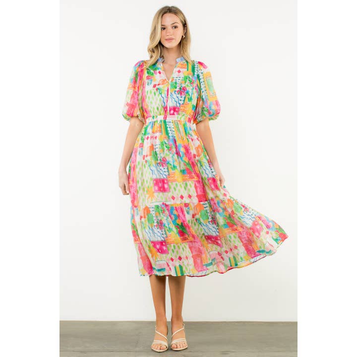 PINK Printed Ruffle Collar Puff Sleeve Dress for wholesale on Faire6