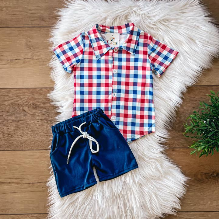 Americana Plaid Boys Shorts Set by TwoCan for wholesale by Wellington Design Co.