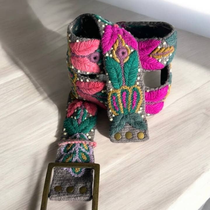 Andina Jeweled - Hand Embroidered Floral Wool Peruvian Belt for wholesale by Kuyay Peruvian Designs