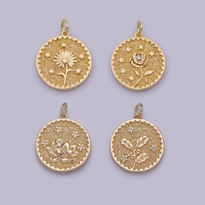 Dainty Floral Collection Sun Flower, Rose, Holly Flower, Cherry Blossom, Lotus Charm 18K Gold Filled Medallion N-189 N-190 N-191 N-192 N-201 and other Purchase Wholesale star roses. Free Returns & Net 60 Terms on Faire trending on Faire.