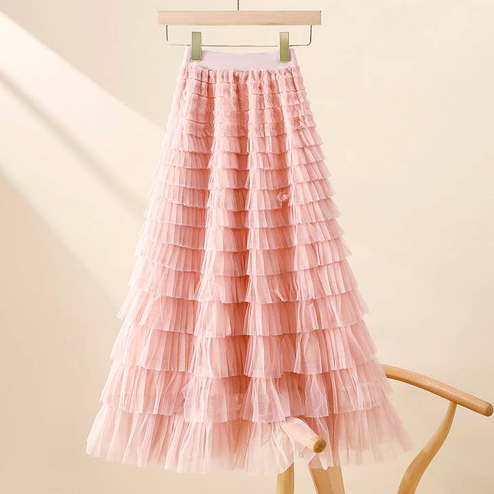 Sweetkama - Wholesale Skirt - Women's - Ladies Solid Color Ruffle Guazy Midi Skirt SKS41176