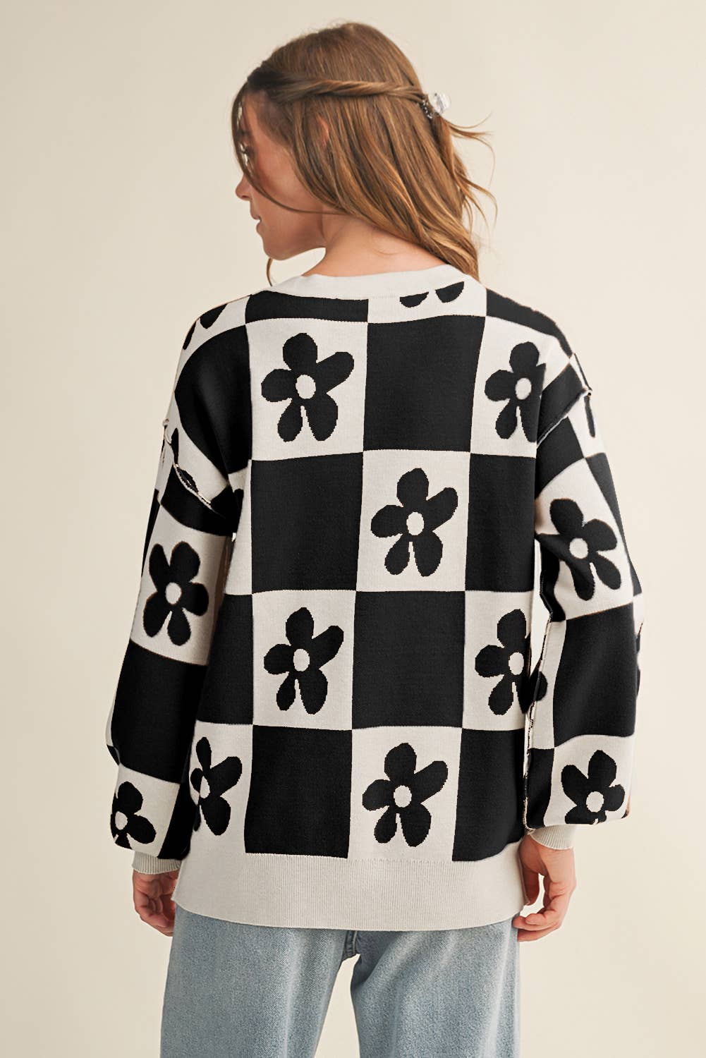 Aapparella - Vente Pull en maille – femme - Cardigan à boutons avec blocs de couleur à carreaux et fleurs | S-XL7