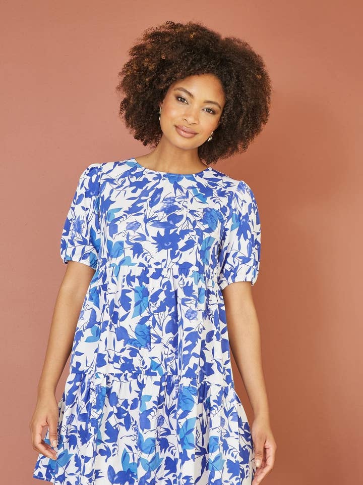 Mela Blue Leaf Print Tunic Skater Dress for wholesale on Faire