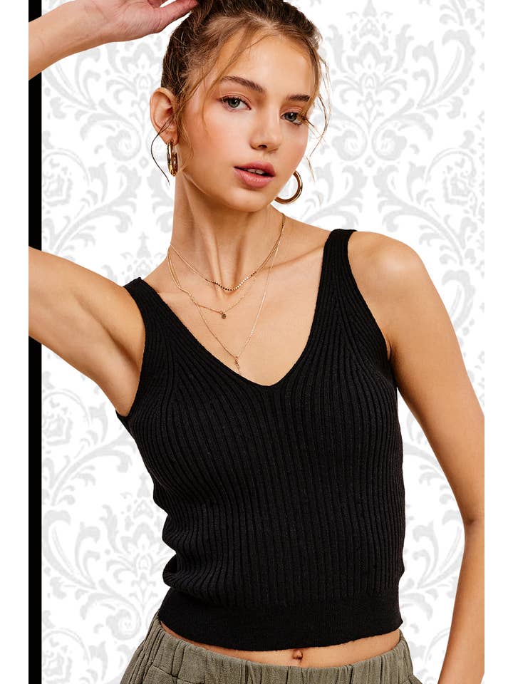 La Miel - Vendita all'ingrosso Top in maglia - Donna - Top crop senza maniche a costine con scollo a V morbido