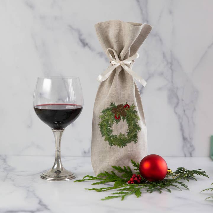Bolsa de vino con diseño de corona de enebro - Navidad para venta al por mayor de Arte Italica & Crown Linen Designs