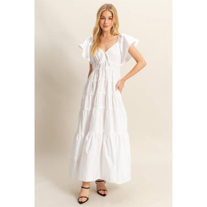 HYFVE - Wholesale Dress - Women's - HF25C792-Flutter Sleeve Poplin Tiered Maxi Dress