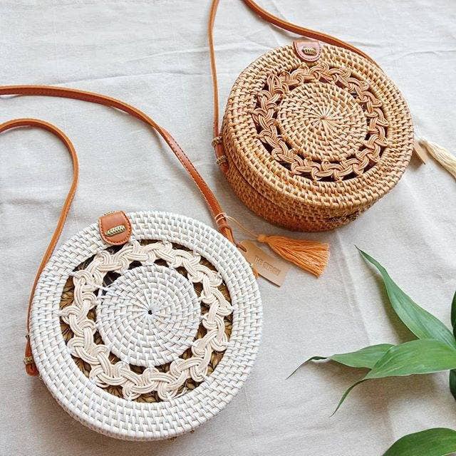Bali Harvest - Wholesale Crossbody Bag - Women's - Round Ata Rattan Bag (Brown Braided) - Bali Bag, Straw Bag3
