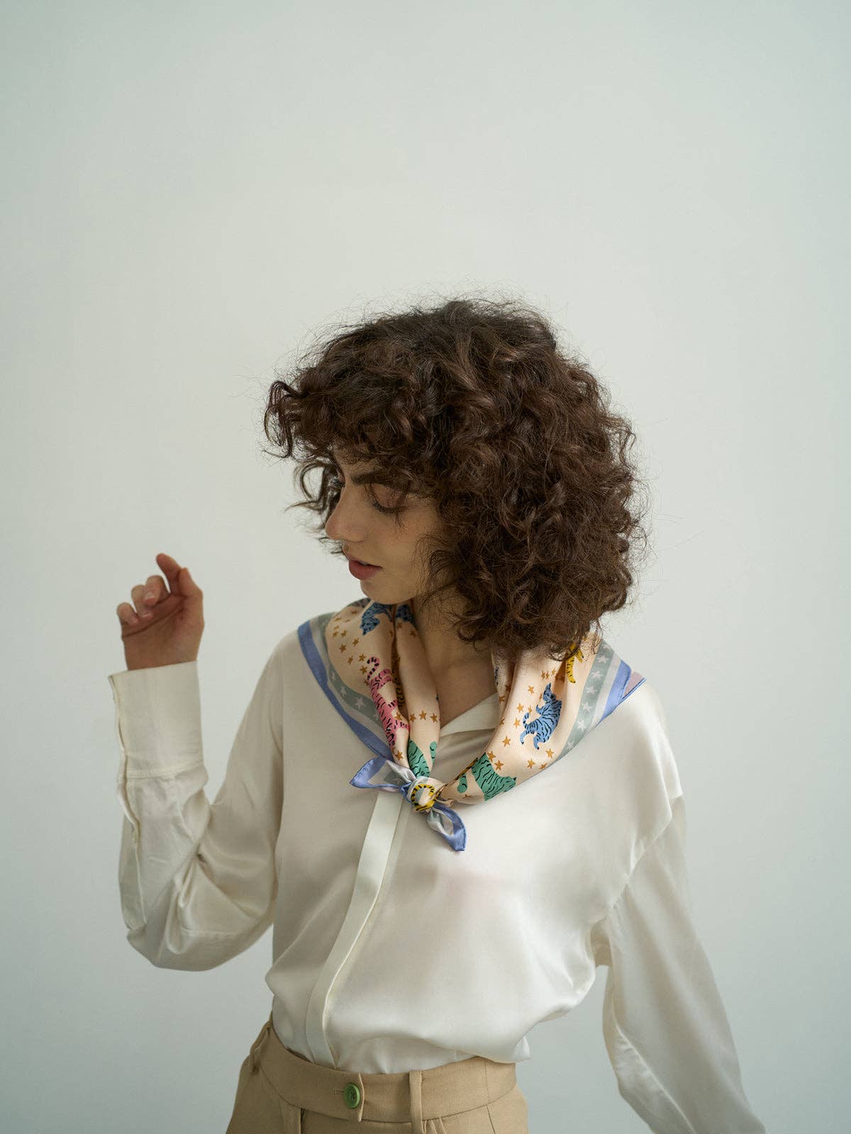 Dusty Blue "Neon Tigers" Silk Bandana Scarf for wholesale on Faire2