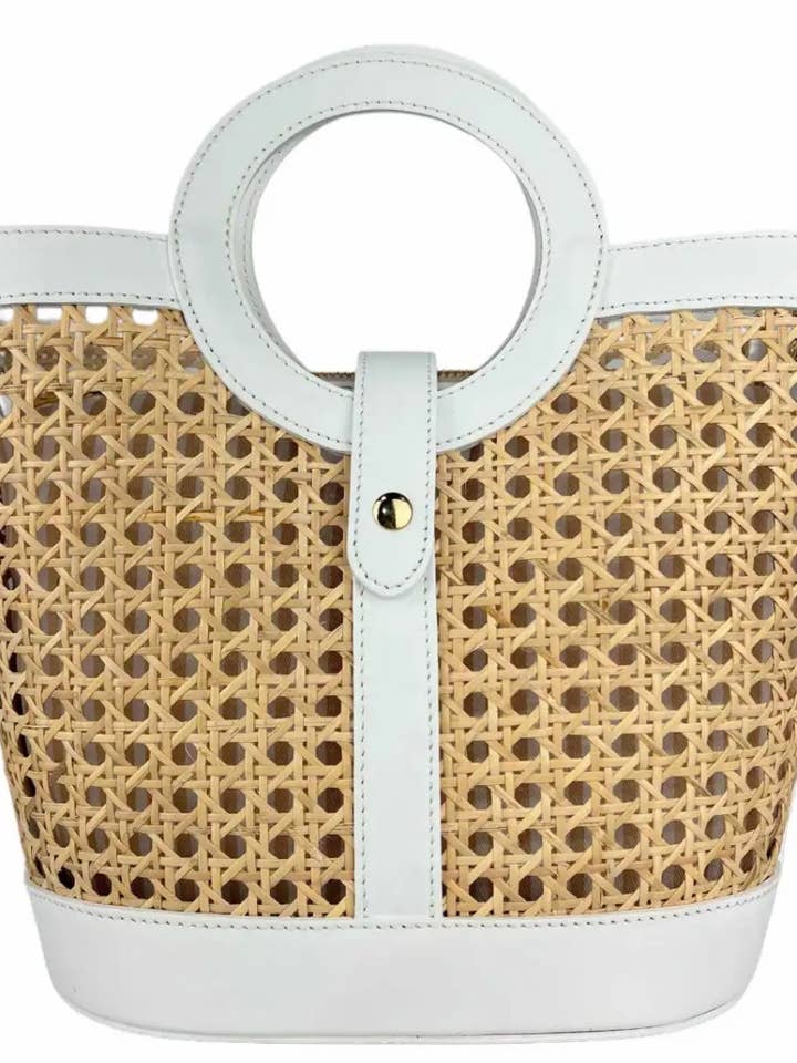 MIWW White Woven Leather Tote Bag with Round Handle for wholesale by JIJOU CAPRI