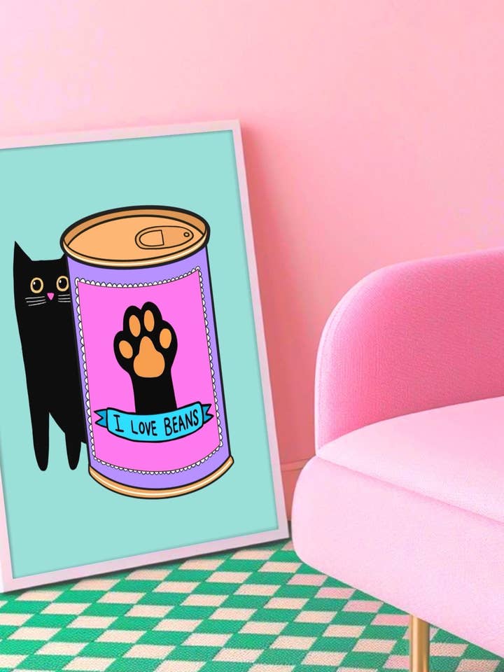 I Love Beans Cat Art Print: Funny Feline Illustration for wholesale by The Paper Tail