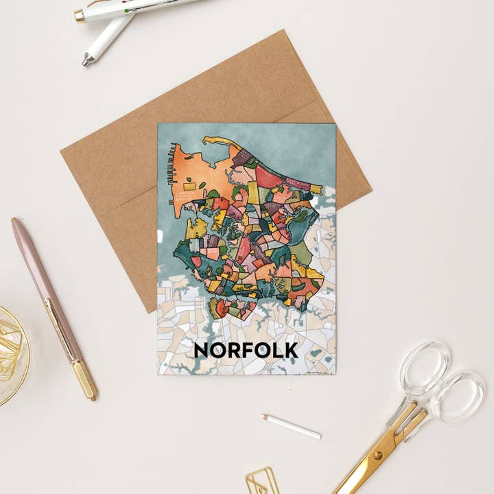 Terratorie Maps + Goods - Wholesale Everyday Greeting Card - Norfolk Neighborhoods Map Art Greeting Card