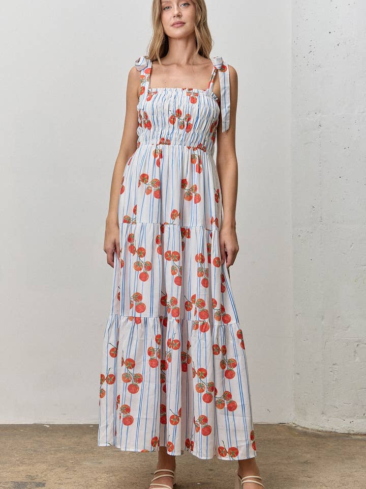 TOMATENSTREEP SCHOUDERSTRIK MIDI JURK voor wholesale door Polagram by Wellmade USA