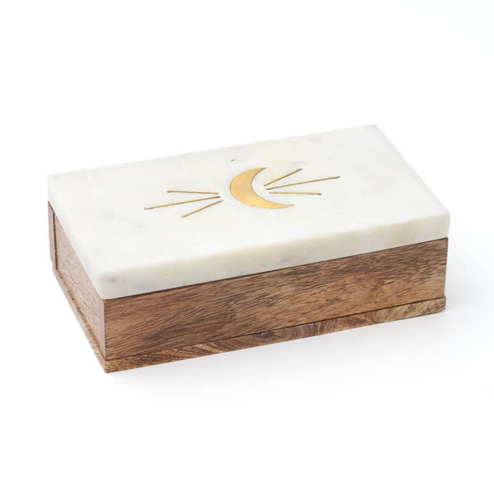 Matr Boomie Fair Trade - Wholesale Decorative Box - Indukala Treasure Box - Marble, Mango Wood, Crescent Moon0