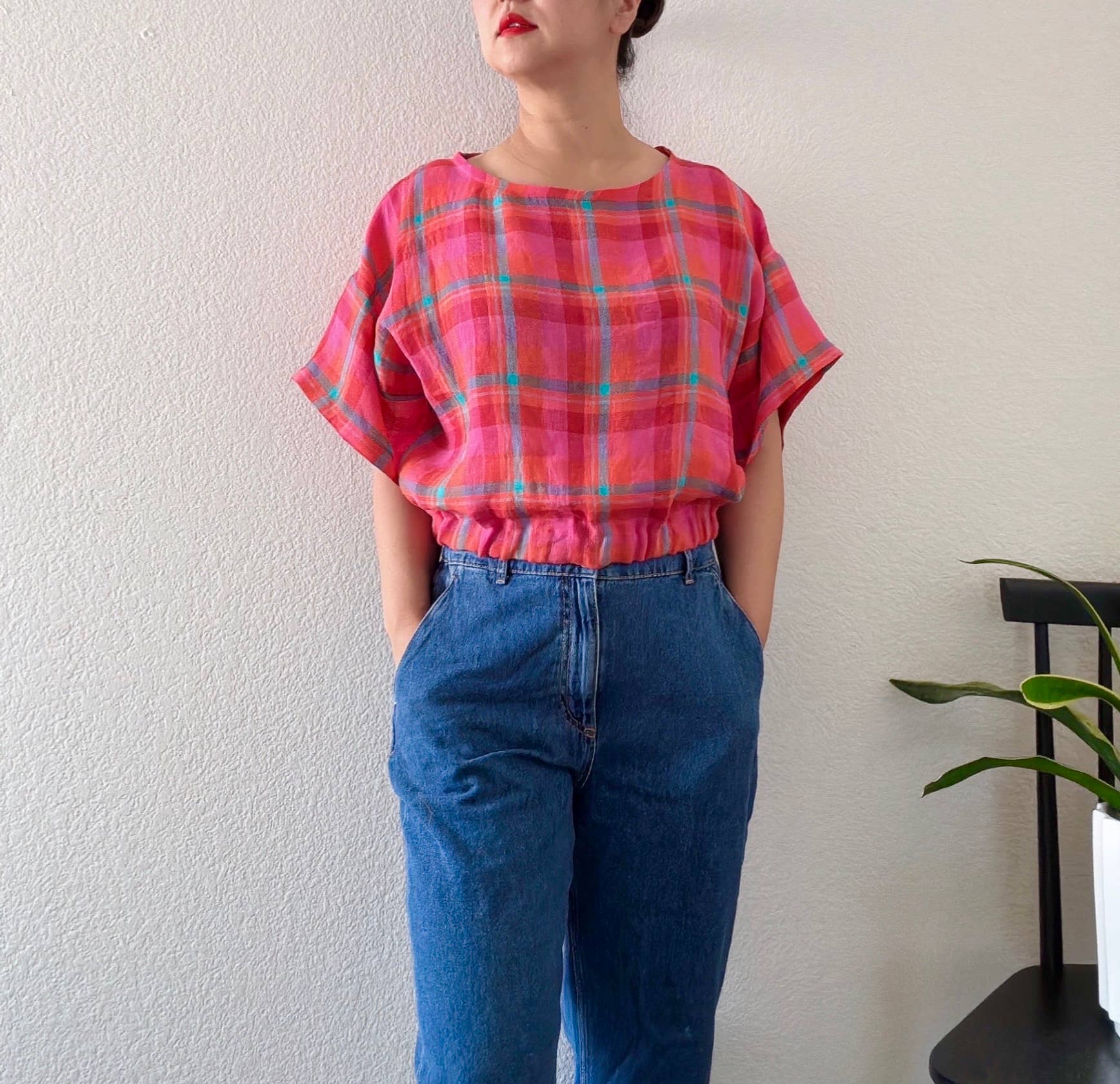 Joolee - Wholesale Blouse - Women's - Pink check linen top2