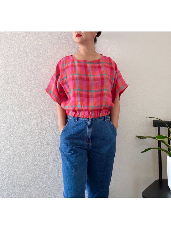 Joolee - Wholesale Blouse - Women's - Pink check linen top2