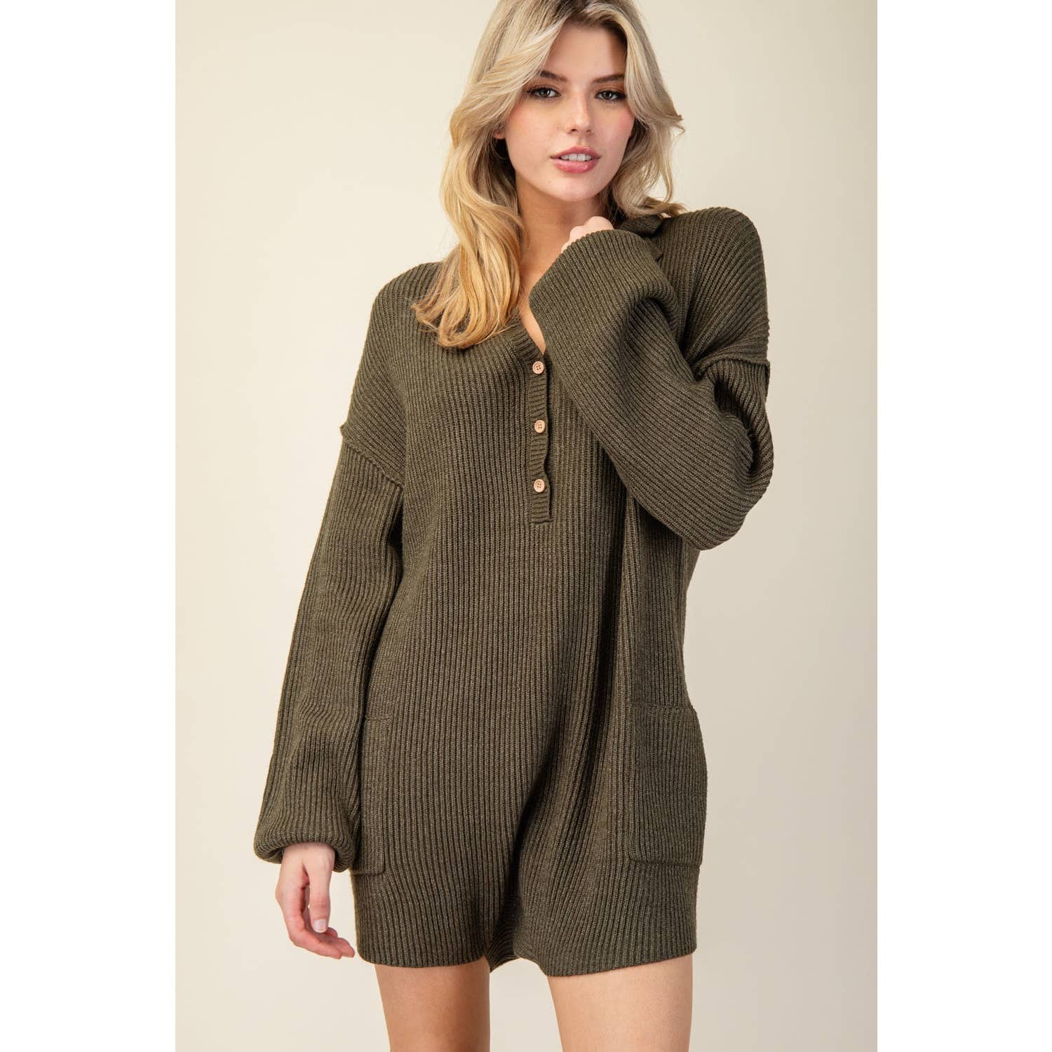 Apolline - Wholesale Romper - Women's - Long Sleeve Ribbed Knit Sweater Romper with Pockets0