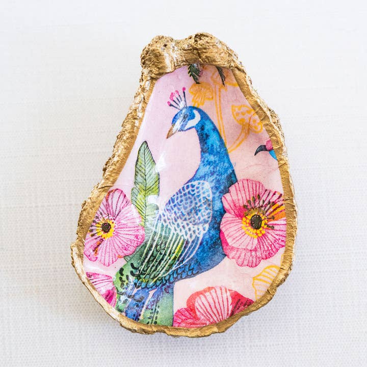 Decoupage Oyster Jewelry Dish: Peacock for wholesale by Grit and Grace Studio