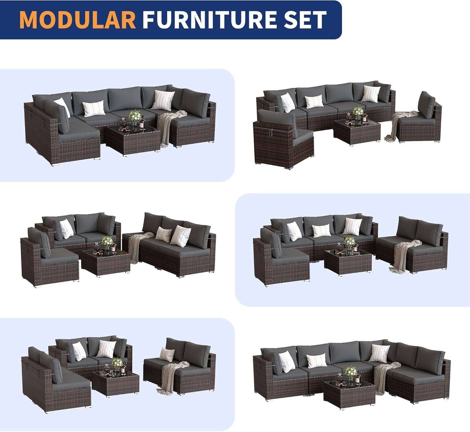 Grey Brown 7 Piece Outdoor Sectional Patio Set With Waterproof Cover for wholesale on Faire6