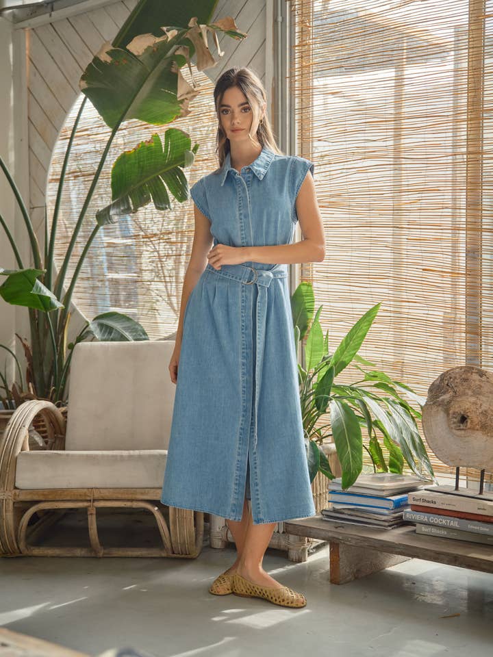 AJD5696 CAP SLEEVE BELTED BUTTON DOWN MIDI DRESS for wholesale by Aaron & Amber