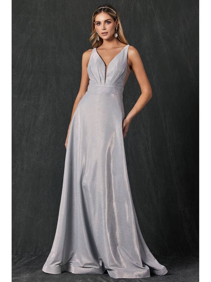GLITTER CREPE LONG V-NECK PROM DRESS for wholesale by Juliet