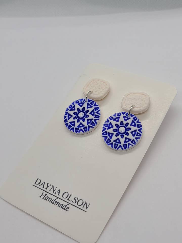 Boho Earrings, Polymer Clay, Blue And White, Greece for wholesale by Dayna Olson Handmade