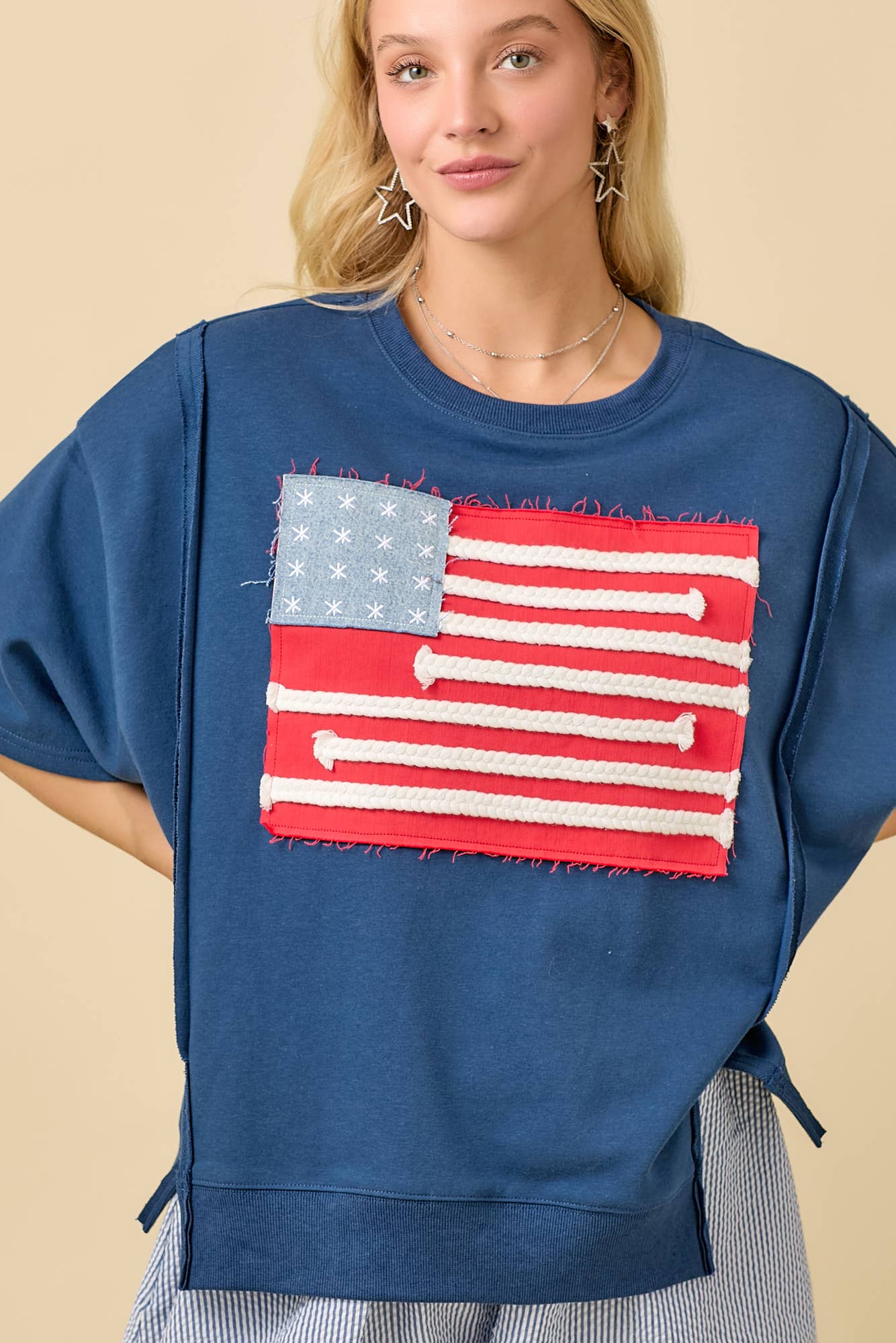 DARK BLUE Boxy Wide Short Sleeve Top With American Flag Patchwork for wholesale on Faire4