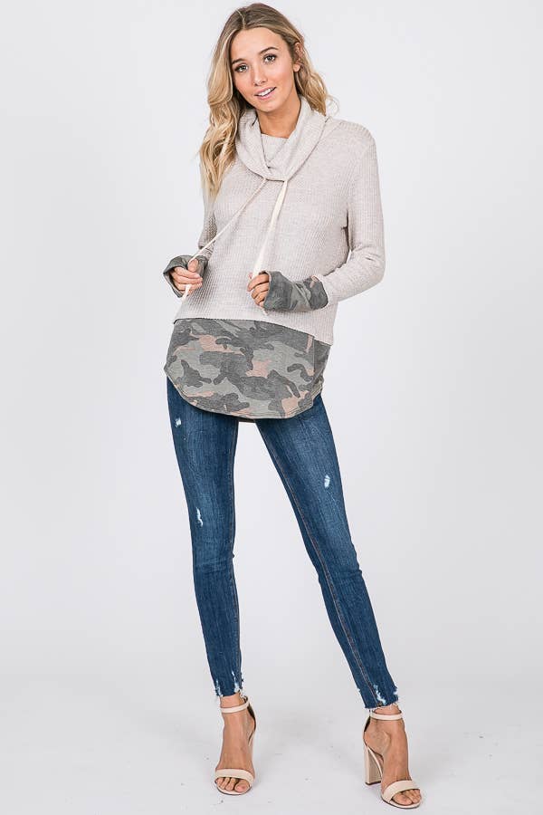 7th Ray - Wholesale Sweatshirt - Women's - Brushed Waffle Camo Contrast Thumbhole Cuff Twofer Top T204116