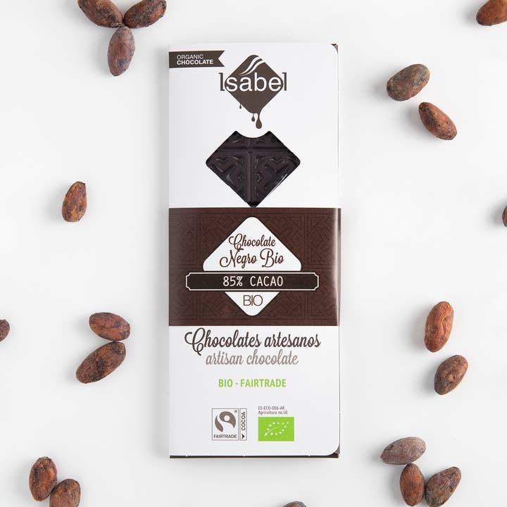 Tablette de chocolat noir bio 85 % cacao (boîte de 10 unités de 80 g) pour la vente par CHOCOLATES ARTESANOS ISABEL