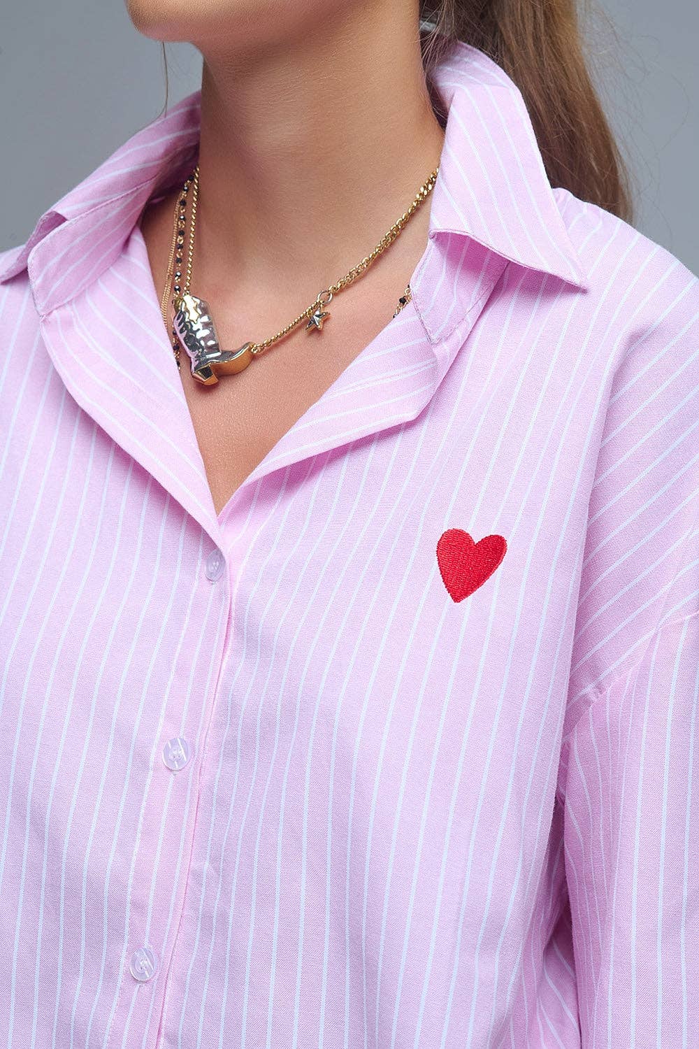 Pink Striped shirt with red heart embroidery for wholesale on Faire1