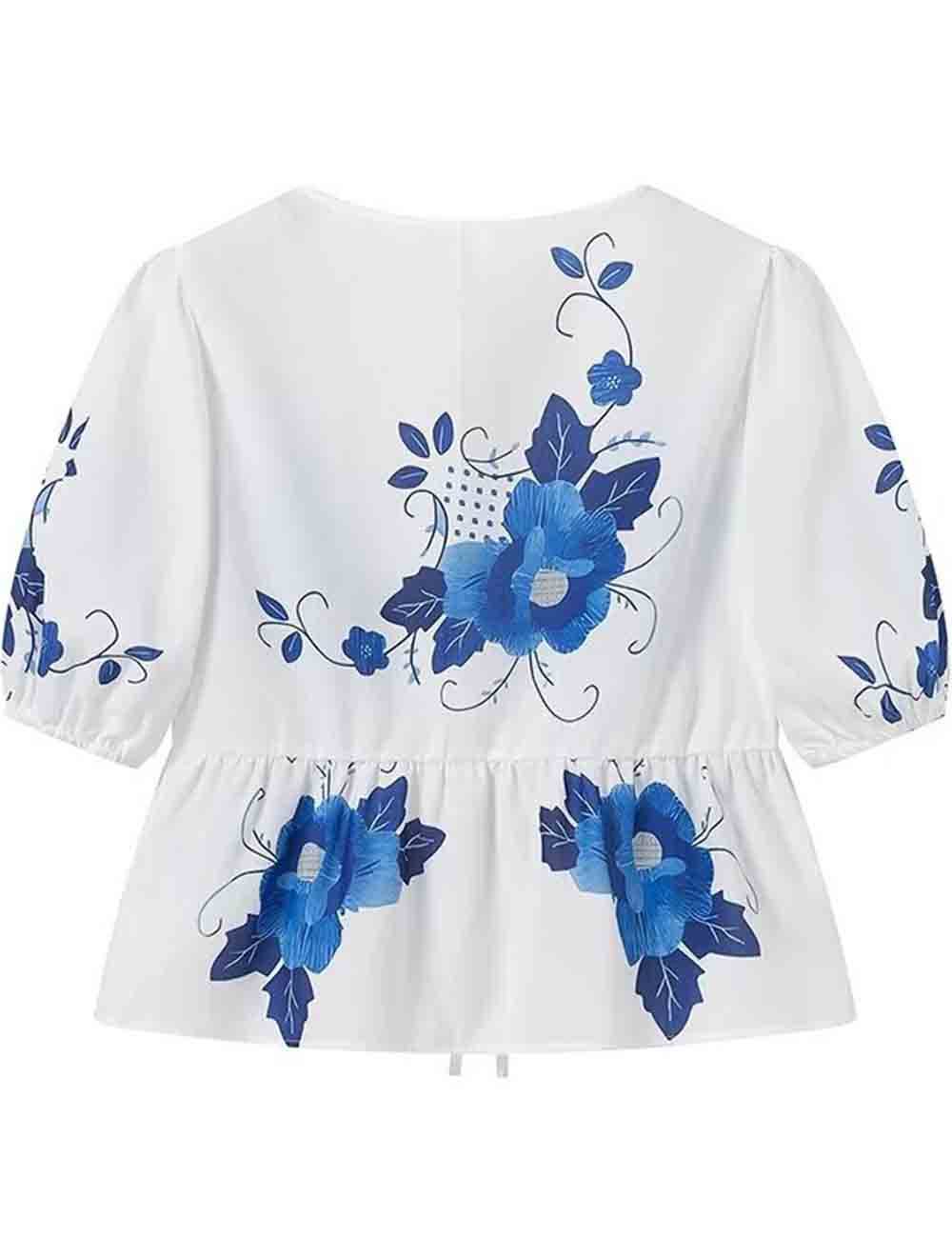 Sweetkama - Wholesale Blouse - Women's - Ladies Floral Print Front Bowknot Short Sleeves Puff Blouse1