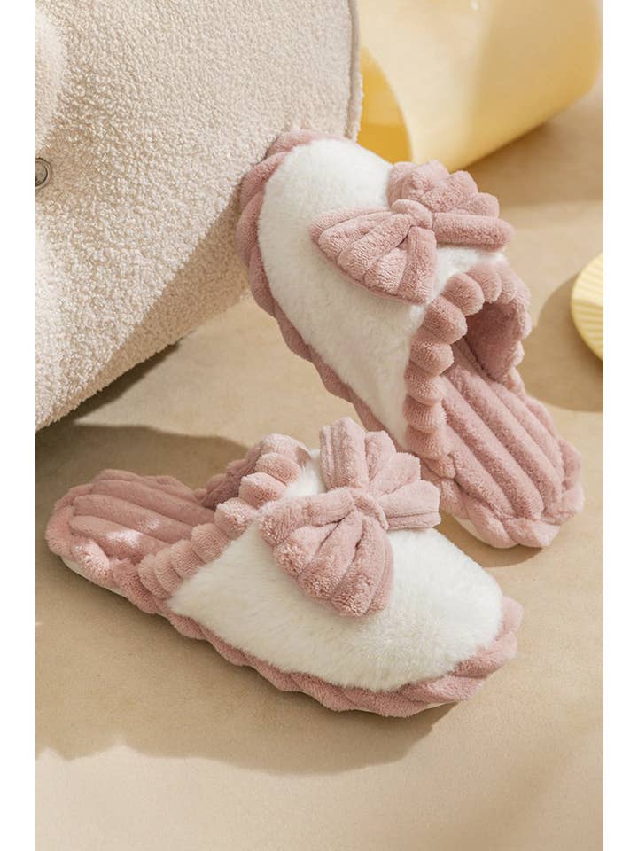 Fushia LDC Bow Decor Color Block Ribbed Plush Slippers for wholesale on Faire